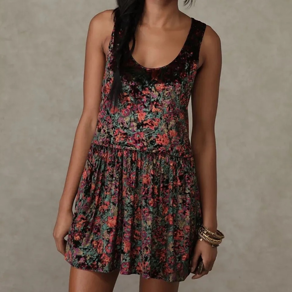 Free People Womens Velvet Foliage Dress Size Small Drop Waist Pockets Scoop Neck